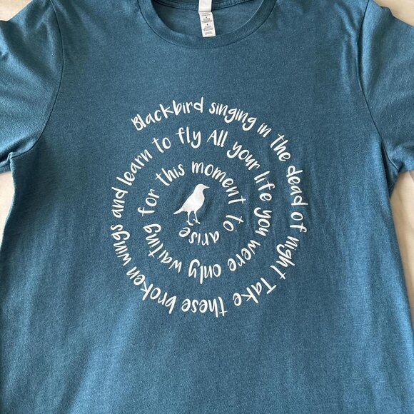 "Blackbird" blue and white womens tee with song lyrics written in a spiral - Picture 2 of 6